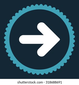 Arrow Right round stamp icon. This flat vector symbol is drawn with blue and white colors on a dark blue background.