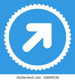 Arrow Up Right round stamp icon. This flat vector symbol is drawn with white color on a blue background.