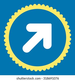Arrow Up Right round stamp icon. This flat vector symbol is drawn with yellow and white colors on a blue background.