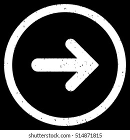Arrow Right rubber seal stamp watermark. Icon symbol inside circle frame with grunge design and dust texture. Scratched vector white ink emblem on a black background.
