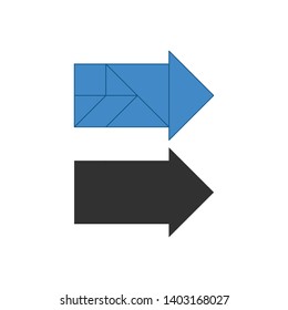 Arrow right Tangram. Traditional Chinese dissection puzzle, seven tiling pieces - geometric shapes: triangles, square rhombus , parallelogram. Board game for kids that helps to develop analytical
