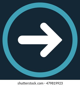 Arrow Right vector bicolor rounded icon. Image style is a flat icon symbol inside a circle, blue and white colors, dark blue background.