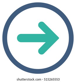 Arrow Right vector bicolor rounded icon. Image style is a flat icon symbol inside a circle, cobalt and cyan colors, white background.