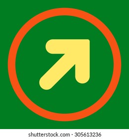 Arrow Up Right vector icon. This rounded flat symbol is drawn with orange and yellow colors on a green background.