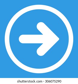 Arrow Right vector icon. This rounded flat symbol is drawn with white color on a blue background.