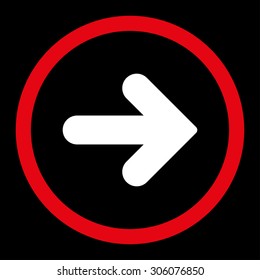 Arrow Right vector icon. This rounded flat symbol is drawn with red and white colors on a black background.