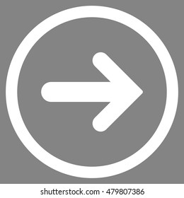 Arrow Right vector rounded icon. Image style is a flat icon symbol inside a circle, white color, gray background.