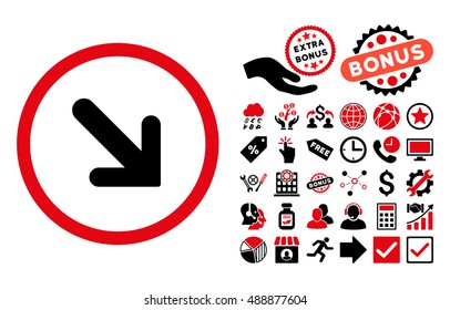 Arrow Right-Down icon with bonus icon set. Vector illustration style is flat iconic bicolor symbols, intensive red and black colors, white background.