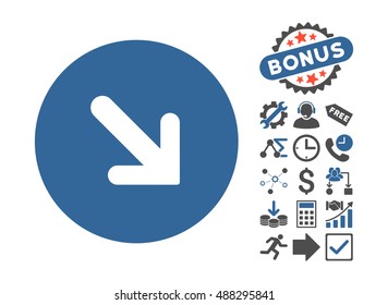 Arrow Right-Down pictograph with bonus clip art. Vector illustration style is flat iconic bicolor symbols, cobalt and gray colors, white background.