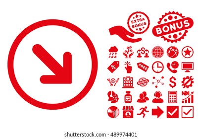 Arrow Right-Down pictograph with bonus design elements. Vector illustration style is flat iconic symbols, red color, white background.
