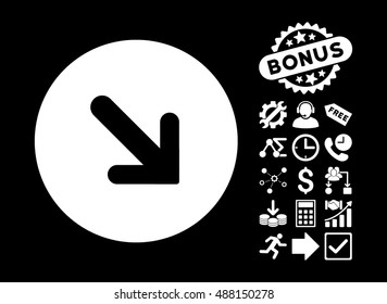 Arrow Right-Down pictograph with bonus elements. Vector illustration style is flat iconic symbols, white color, black background.
