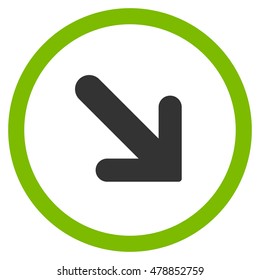 Arrow Right-Down vector bicolor rounded icon. Image style is a flat icon symbol inside a circle, eco green and gray colors, white background.