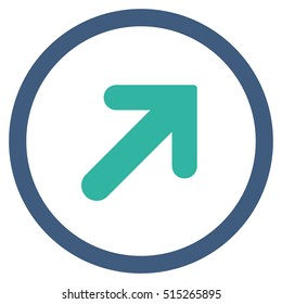 Arrow Right-Up vector bicolor rounded icon. Image style is a flat icon symbol inside a circle, cobalt and cyan colors, white background.