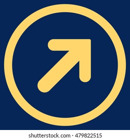 Arrow Right-Up vector rounded icon. Image style is a flat icon symbol inside a circle, yellow color, blue background.