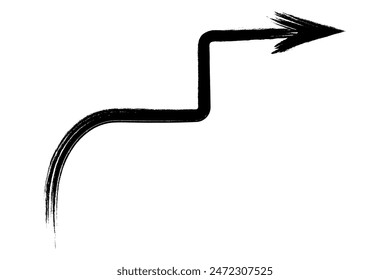Arrow to rise. Sketch. The black arrow goes up the steps to the right and up. Hand drawn directional sign. Vector illustration. Direction indicator made from brush strokes. Doodle and grunge style. 