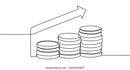 An arrow rising from a stack of coins, symbolizing financial growth and progress. Continuous line drawing for business and banking concepts. Vector illustration hand drawn.