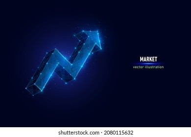 Arrow rising upward symbol digital wireframe made of connected dots. Price inflation sign low poly vector illustration on blue background.