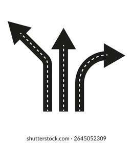 Ícone de estrada em seta. Símbolo de três direções. Opção de caminho de vetor. Elemento de rota preta.