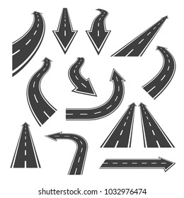 Arrow road set. Road arrows with white markings, an illustrations  in a form of various turns, directions and perspectives. Nice arrow alike road themed vector design elements isolated on white.