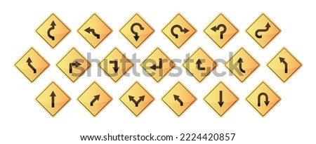 Arrow road sign. Navigation street highway speed warning roundabout reverse symbols, curves turns direction pointers. Vector isolated collection of signpost intersection, winding roadside illustration