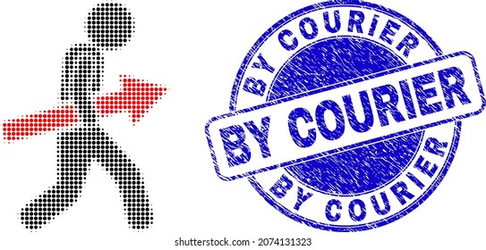Arrow robber halftone dotted icon with By Courier seal stamp. Blue vector round scratched seal with By Courier phrase inside round shape. Halftone arrow robber icon array contains round pixels.