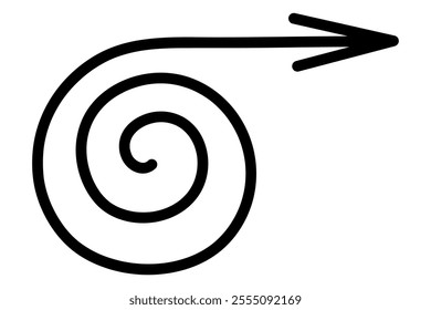 Arrow rotates in a spiral. Sketch. Pointer twists in a circle to the right. Hand drawn sign. Vector illustration. Outline on an isolated white background. Doodle style. Idea for web design.