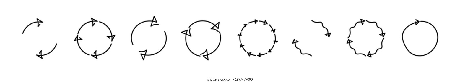 Pfeilrotation doodle-Satz Kreis umgekehrte Vektorgrafik handgezeichnet, runde Pfeile Kreislauf Kollektion Illustration.