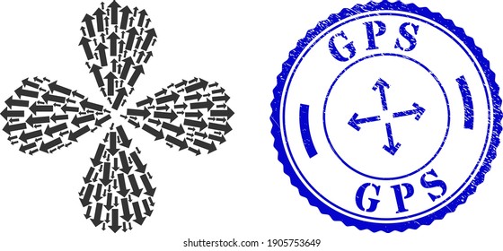 Arrow rotation flower cluster, and blue round GPS rubber stamp imitation with icon inside. Object flower with 4 petals combined from oriented arrow symbols. Vector flower collage in flat style.