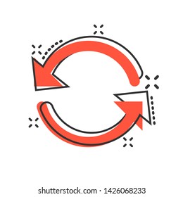 Arrow rotation icon in comic style. Sync action vector cartoon illustration on white isolated background. Refresh button business concept splash effect.
