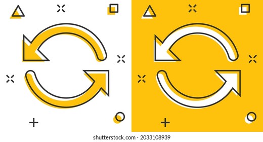 Arrow rotation icon in comic style. Sync action vector cartoon illustration on white isolated background. Refresh button business concept splash effect.