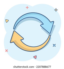 Arrow rotation icon in comic style. Sync action vector cartoon illustration on white isolated background. Refresh button business concept splash effect.