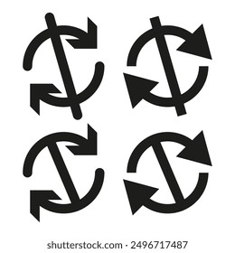 Iconos de rotación de flecha. Cuatro variaciones. Blanco y negro. Símbolo de Vector.