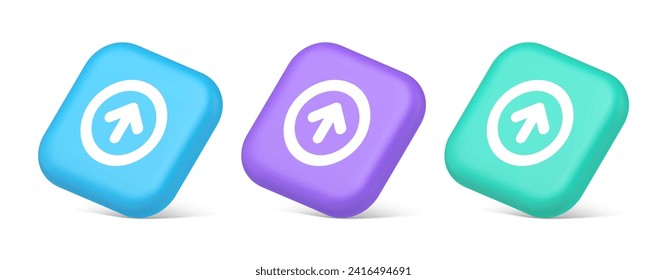 Up arrow round border button cyberspace navigation pointer 3d realistic blue purple and green icons. Upload information click push interface panel user interface web app circle frame
