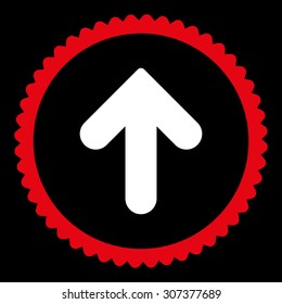 Arrow Up round stamp icon. This flat vector symbol is drawn with red and white colors on a black background.