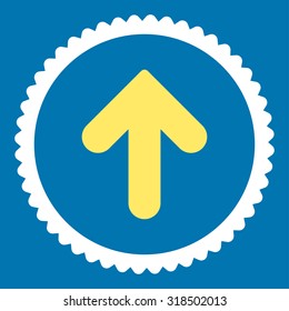 Arrow Up round stamp icon. This flat vector symbol is drawn with yellow and white colors on a blue background.