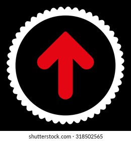 Arrow Up round stamp icon. This flat vector symbol is drawn with red and white colors on a black background.