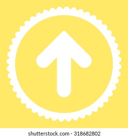 Arrow Up round stamp icon. This flat vector symbol is drawn with white color on a yellow background.