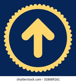 Arrow Up round stamp icon. This flat vector symbol is drawn with yellow color on a blue background.