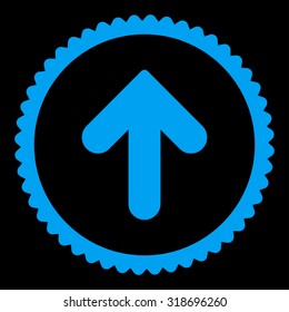 Arrow Up round stamp icon. This flat vector symbol is drawn with blue color on a black background.