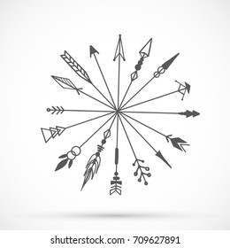 Arrow round vintage circle set hand drawn on white background