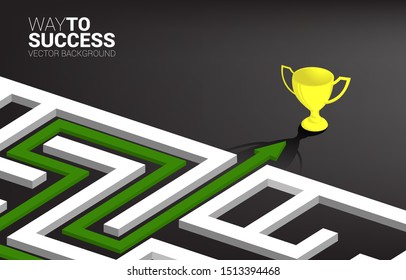 Arrow with route path to exit the maze to golden trophy. Business concept for problem solving and solution strategy