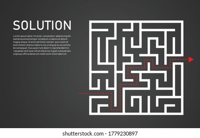 Arrow with route path to exit the maze on dark background. business problem solving and solution strategy. vector illustration in flat style modern design.