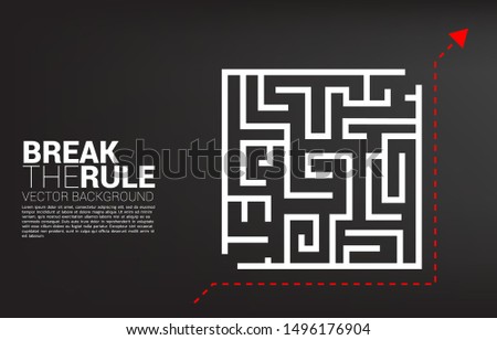 Arrow  with route path to go to goal with out enter maze. Business concept for think outside the box and break the rule.