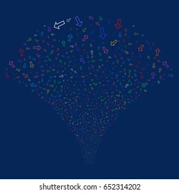 Arrow salute stream. Vector illustration style is flat bright multicolored iconic symbols on a blue background. Object stream fountain made from random icons.