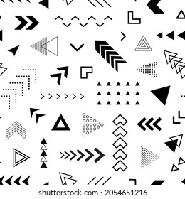 Arrow seamless pattern. Abstract geometric design for prints. Graphic shapes arrows. Repeated geometry background. Repeating random angular element patern. Modern techno texture. Vector illustration