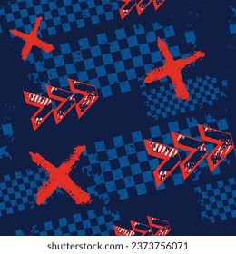 Arrow seamless pattern with grunge chequered board background. Speed ornament. Sport race endless print in orange and dark blue colors. svg