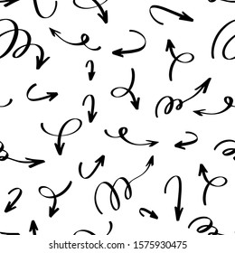 Arrow seamless pattern. Hand drawn doodle wavy and curve pointer elements with swirls.