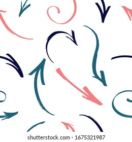 Arrow seamless pattern. Hand drawn doodle wavy and curve pointer elements with swirls.