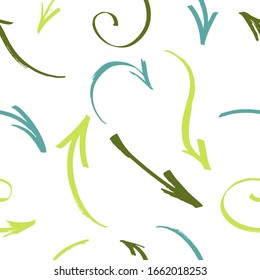 Arrow seamless pattern. multicolored smoothly curved arrows and rings are randomly located.