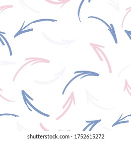 Arrow seamless pattern. multicolored smoothly curved arrows and rings are randomly located.